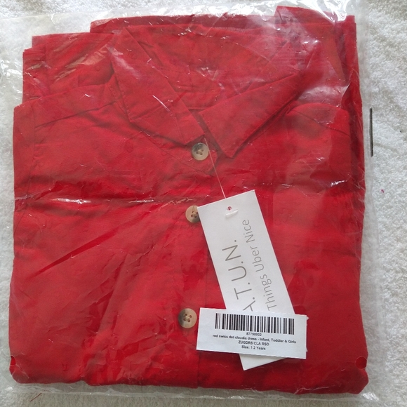 Red Swiss Dot Ruffle-Sleeve Shirt Dress - - Picture 3 of 9